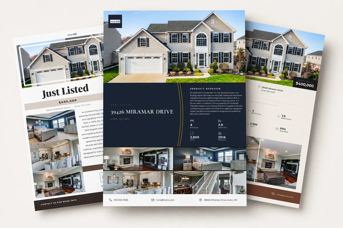 Three branded listing flyer styles generated by ListingWizard — Classic, Modern, and Luxury