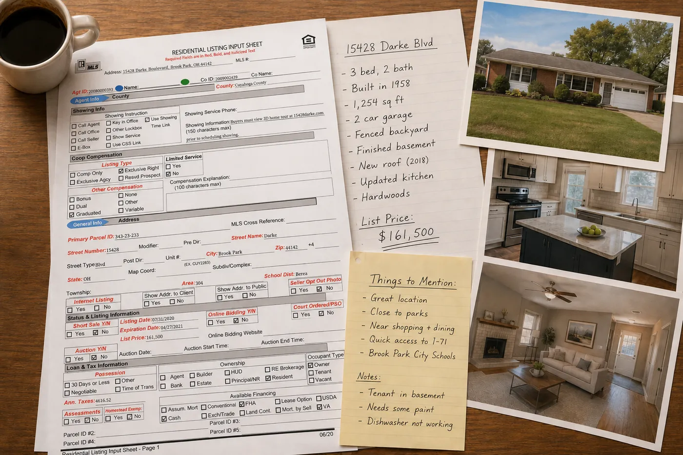 A residential MLS listing input sheet, handwritten property notes, and three photos of a Brook Park ranch home